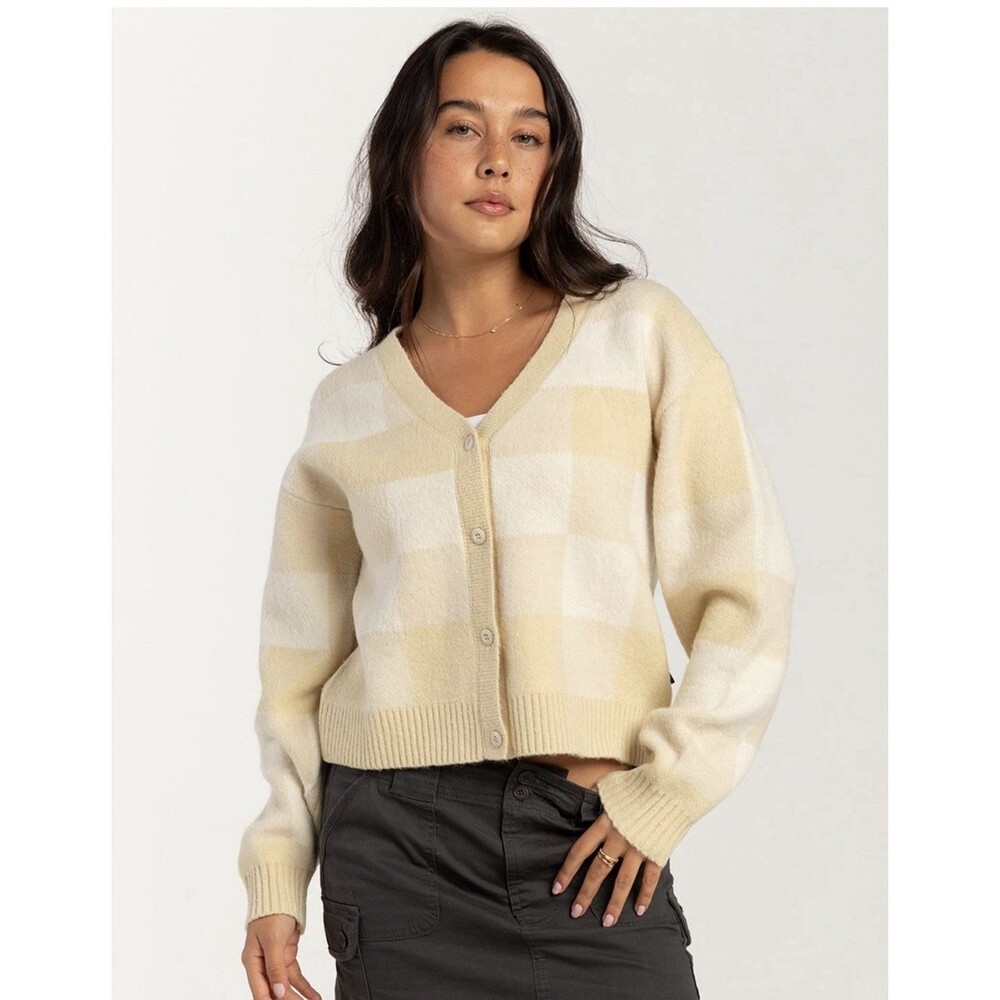 Vans Winter Checker Relaxed Cardigan Turtledove Cream Yellow Sz XL NWT